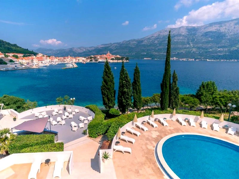 Kroatien Korcula Unterkunft Luft Ansicht des Pool Bereichs