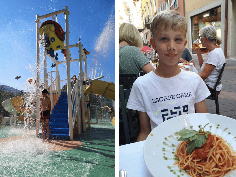 Wasserrutsche und Kind beim Spaghetti essen in Italien