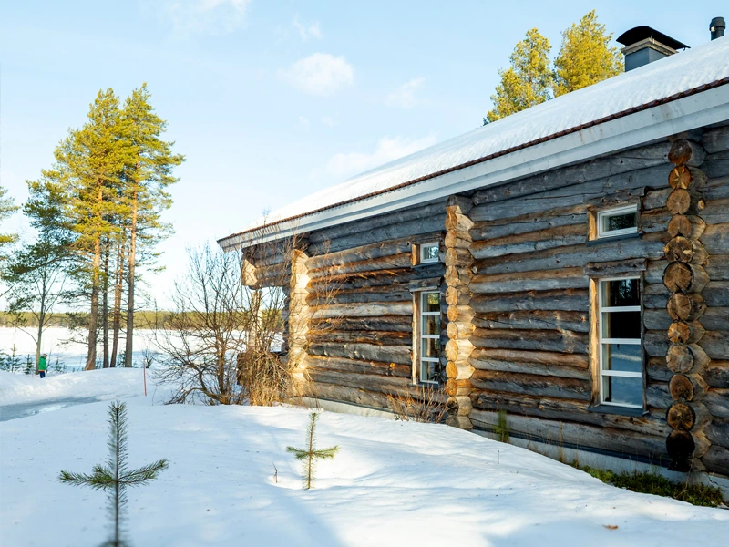 Holzhütte im Schnee mit Bäumen drum herum