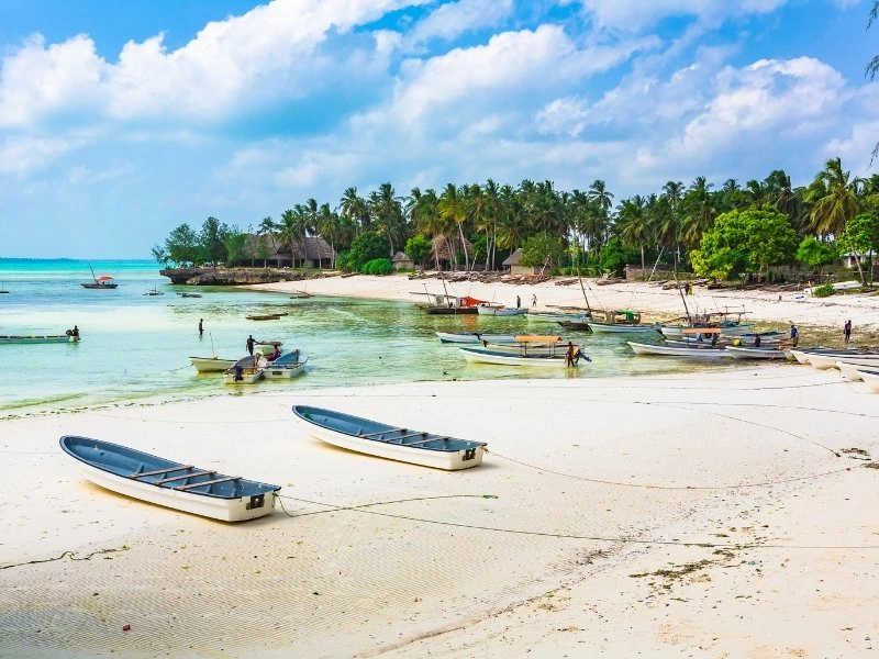 Fischerboote am Strand von Sansibar in Tansania