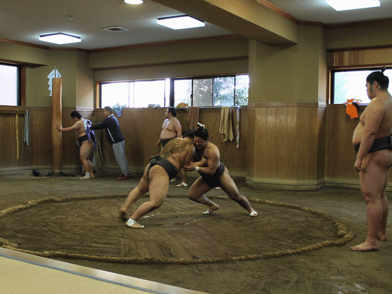 Zwei Sumoringer im Ring auf dem Trainingsgelände in Tokio