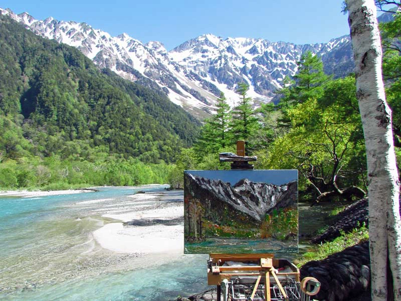 Gemälde in der Natur von den Kamikochi Bergen