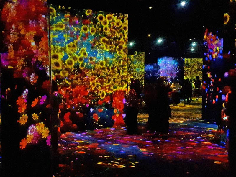 Bildschirmwände mit virtuellen Blumen in den team Lab Planets