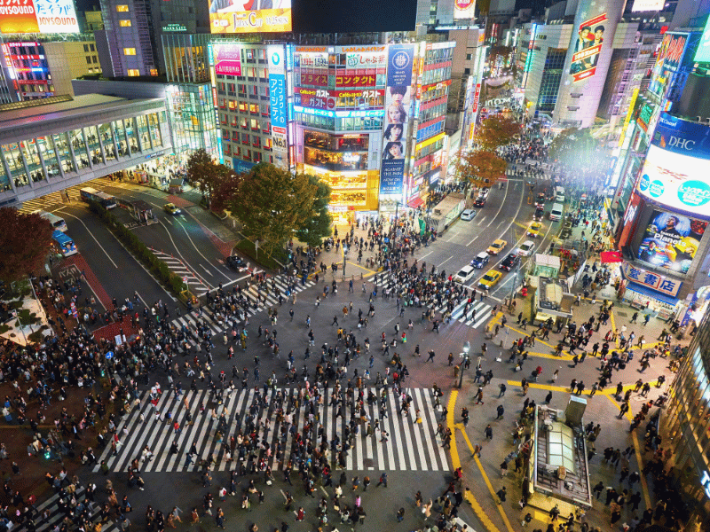Ampelüberquerung vieler Menschen auf Shibuya Crossing in Tokio bei Nacht