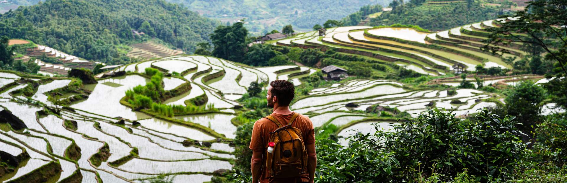 Tourist blickt auf Reisterrassen in Vietnam