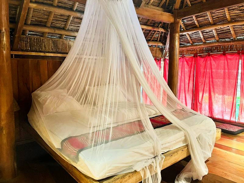 Bett im Homestay in Pu Luong, Vietnam