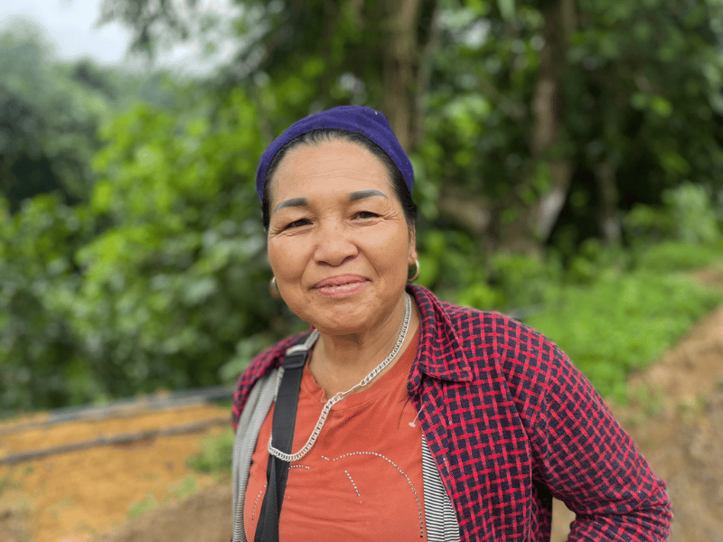 Vietnamesische Frau vor grünen Bäumen