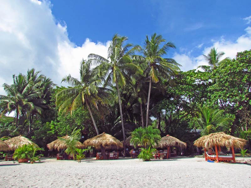 Palmen und Hütten am Strand in Samara, Costa Rica
