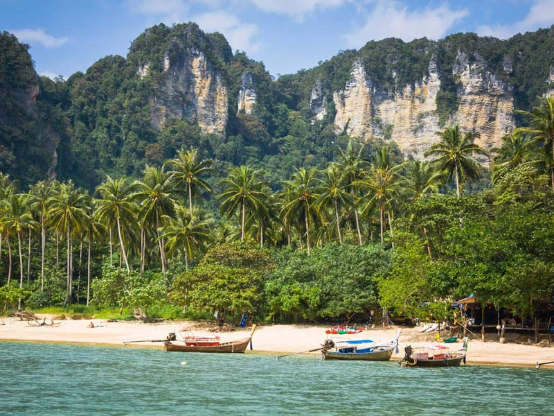 Krabi und Ao Nang sind beliebte Strandorte in Thailand mit Palmen, Felsen und Boote