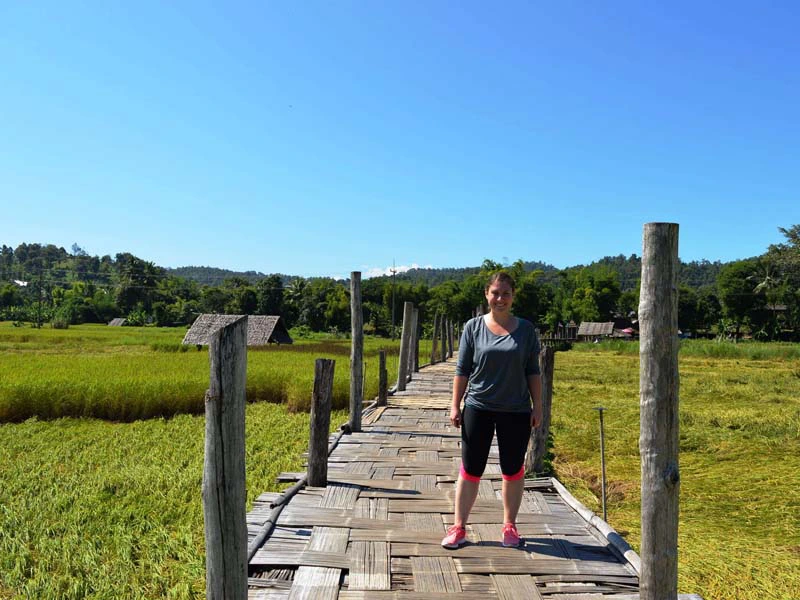 Tourist auf einer BambusbrĂĽcke in einem Reisfeld im Norden Thailands