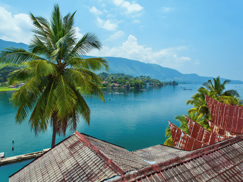 Häuserdach und Palme am Tobasee in Samosir auf Sumatra in Indonesien