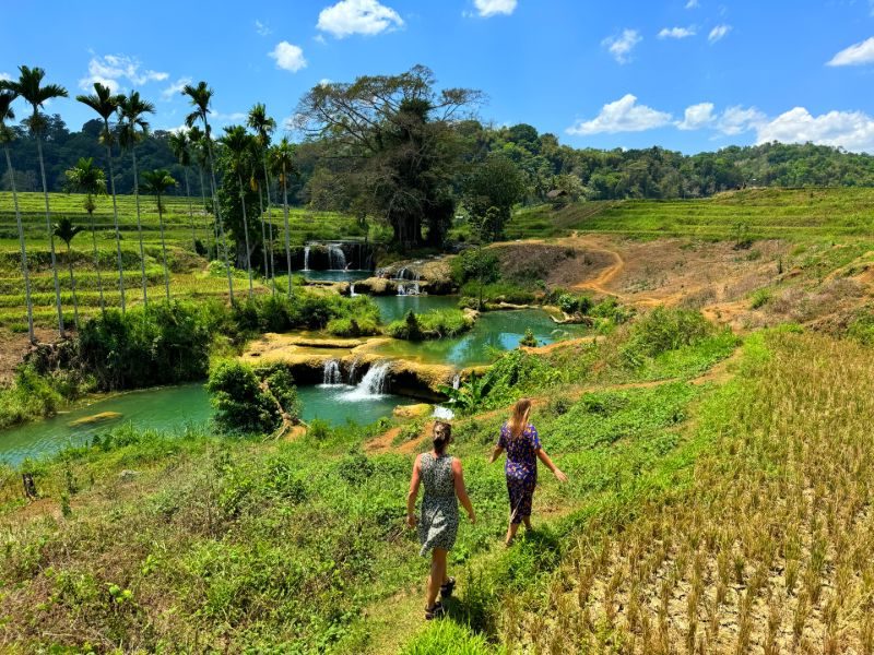 Zwei Touristinnen spazieren auf einem grünen Reisfeld mit einem kleinen Wasserfall
