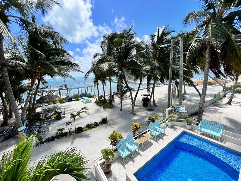 Pool umgeben von Palmen in der Nähe vom Meer auf Caye Caulker in Mexiko