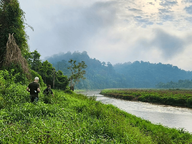 Touristen bei einer Wanderung am Fluss im Ulu Muda, Malaysia