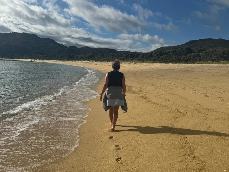 Person wandert mit einer szenische Aussicht auf den Strand im Abel Tasman Nationalpark, Neuseeland