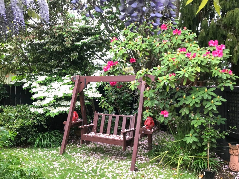 Von Blumen und Pflanzen umgebene Gartenschaukel im B&B in Taupo, Neuseeland