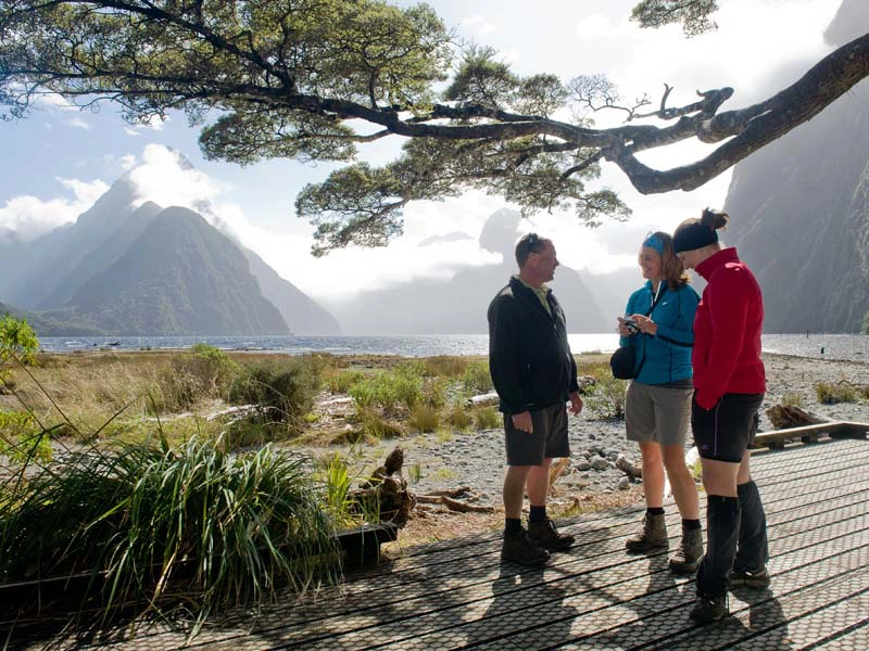 Gruppe wandert am Ufer am Milford Sound in Neuseeland.