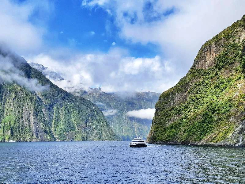 Boot fährt entlang der Fjordlandschaft am Milford Sound in Neuseeland.