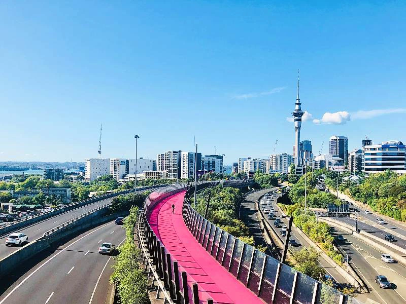 Straße führt in die Innenstadt Aucklands in Neuseeland.