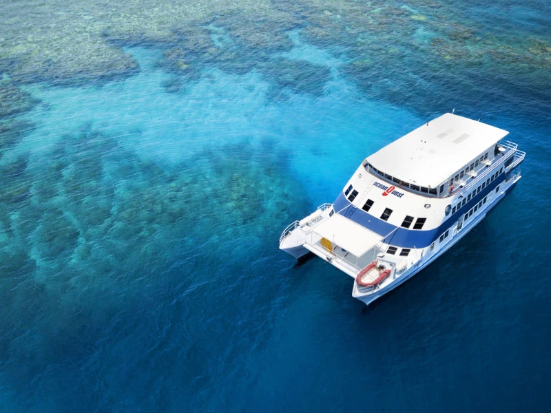 Luftaufnahme vom Schiff am Great Barrier Reef bei einer Tauch- und Schnorcheltour, Australien