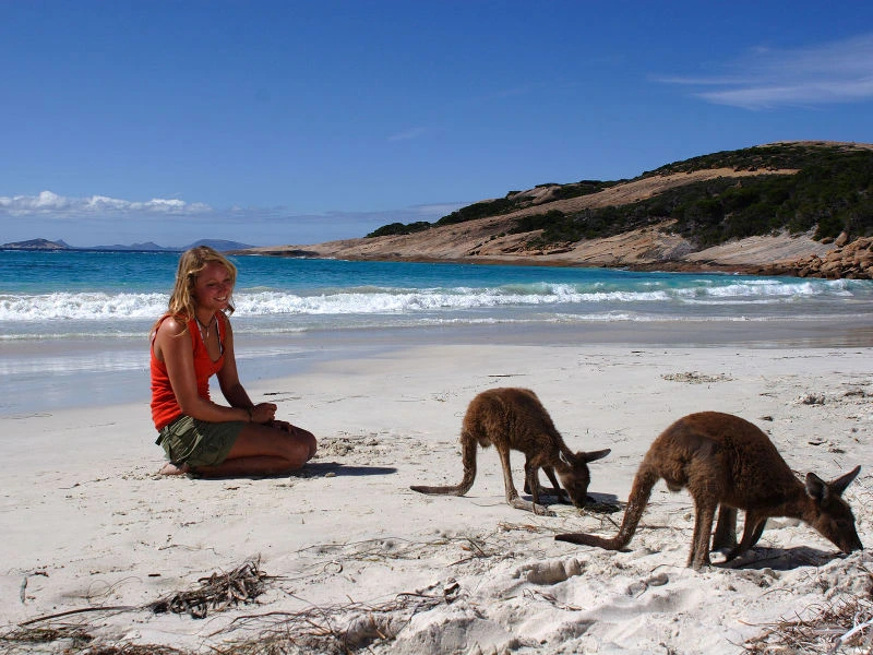 Frau und Kängurus am Strand in Australien