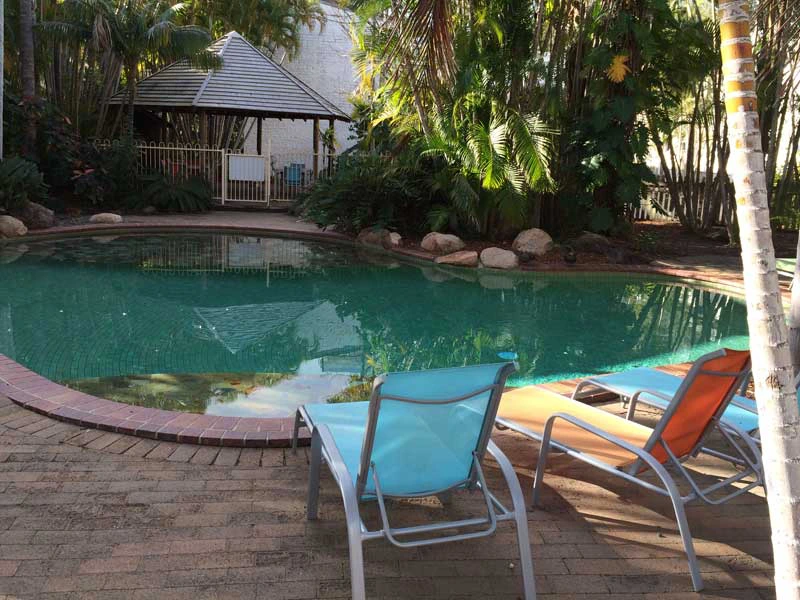 Pool mit Liegen umgeben von Palmen in Hervey Bay, Australien