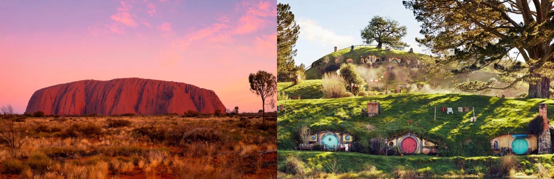 Der Uluru in Australien und Hobbiton in NEuseeland