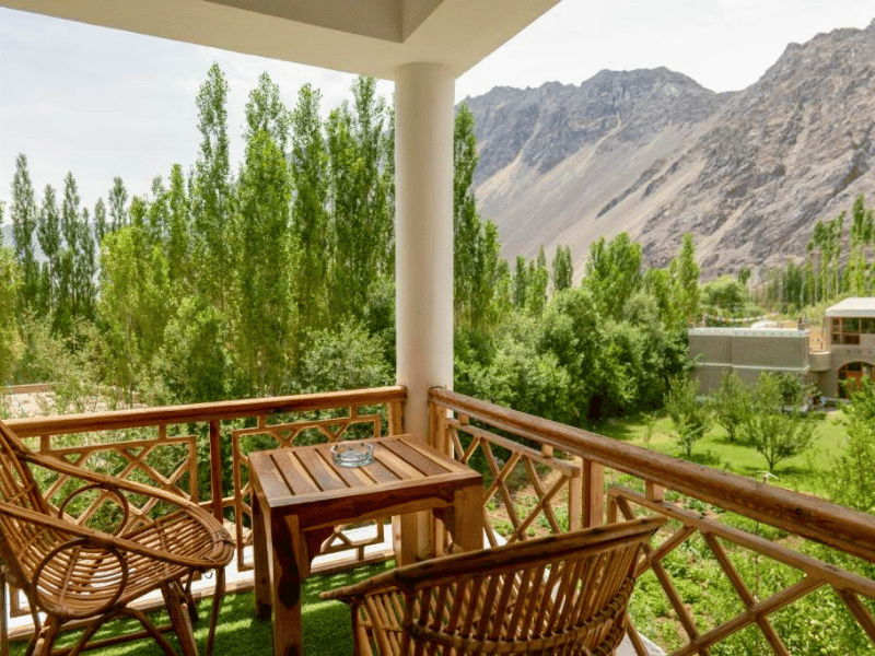 Blick vom Balkon im Hotel in Hundar, Indien