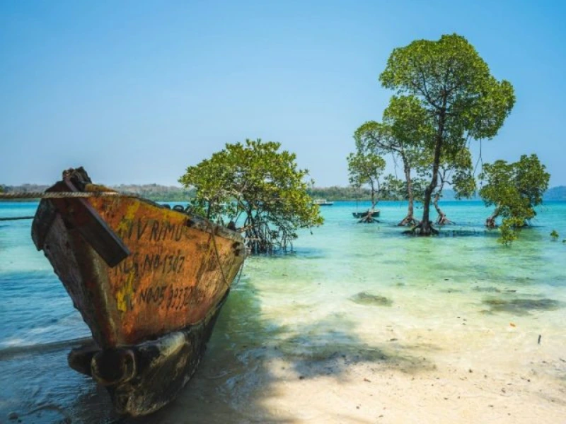 Boot am Strand von Havelock Island auf den Andamanen Inseln