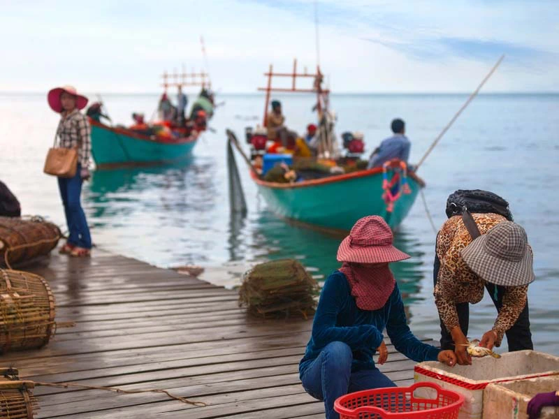 Krabben Markt auf Booten in Kambodscha