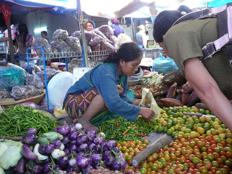 Verkäuferin mit Obst und Gemüse auf einem lokalen Markt in Laos