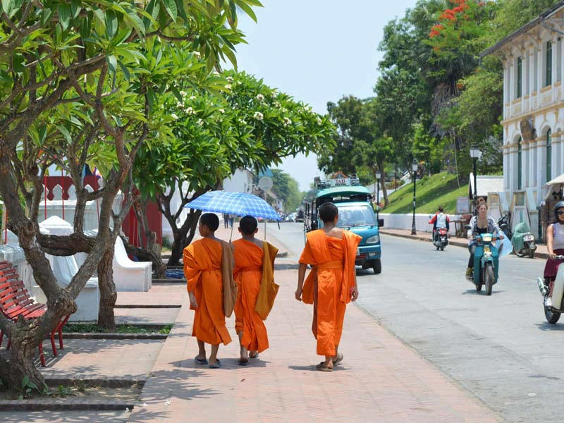 Mönche mit strahlend orangen Gewändern auf der Straße in Laos