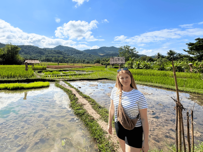 Frau vor Reisfeld in Luang Prabang in Laos