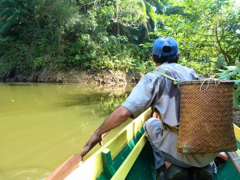 Einheimischer des Iban Stamms auf einem traditionellen Langboot