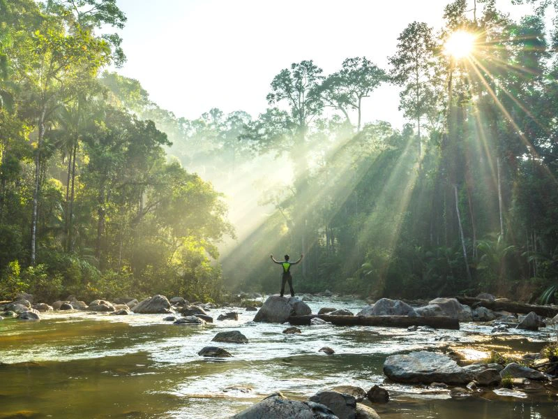 Mann im Fluss in Endau Rompin in Malaysia