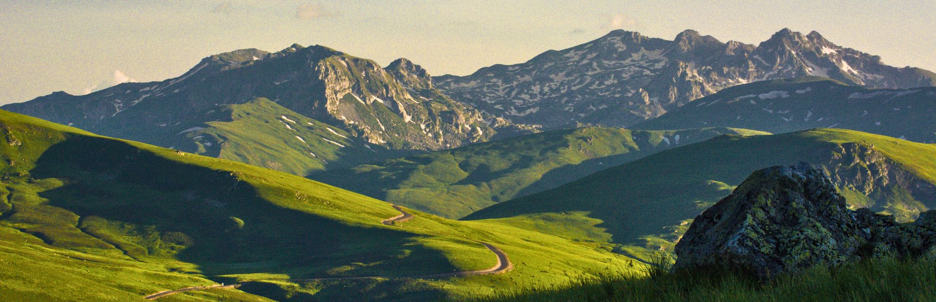 Grüne Landschaft mit Bergen im Hintergrund