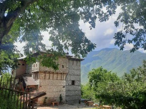 traditionelle Kulla in albanischer Landschaft