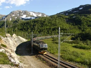 Zug fährt durch die Berge in Norwegen