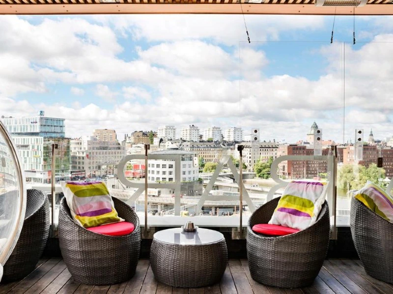 Blick von der Dachterrasse des Hotels in Stockholm, Schweden