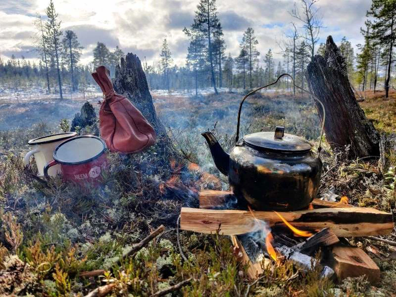 Campingausrüstung an einem Lagerfeuer in der Natur des Sonfjället-Nationalpark