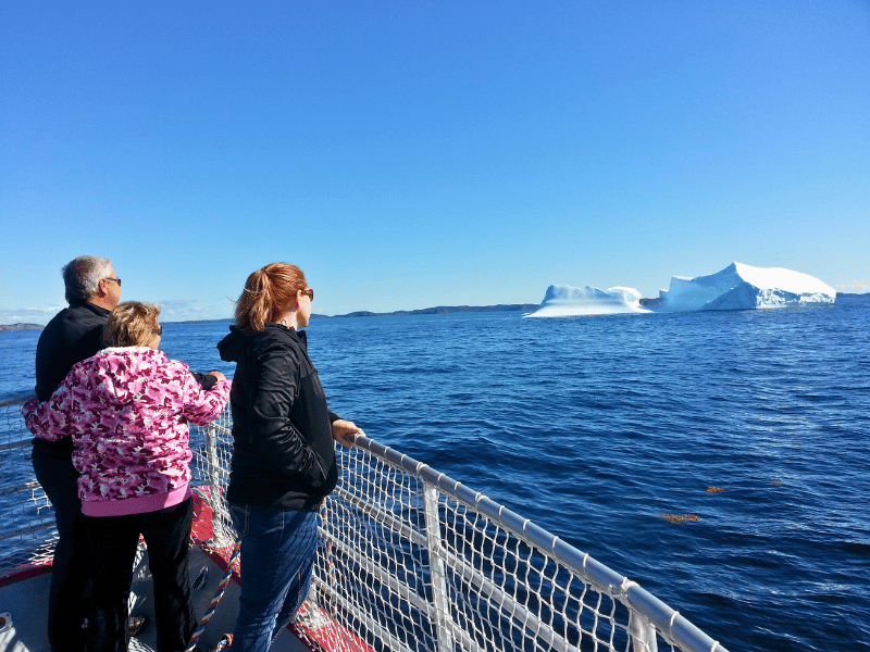 Reisende schauen vom Boot auf Eisberge bei Twillingate in Kanada