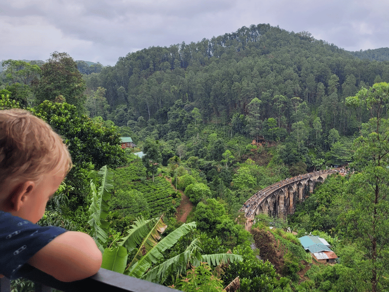 Kind schaut auf Landschaft mit Brücke in Ella, Sri Lanka