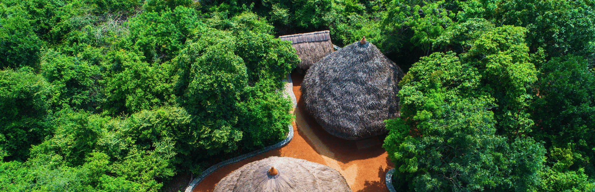 Strohhütten im Anamaduwa Mudhouse umgeben von grünen Bäumen in Sri Lanka