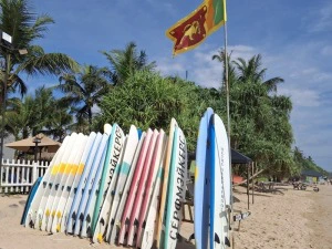 Surfbretter am Strand von Weligama Bay
