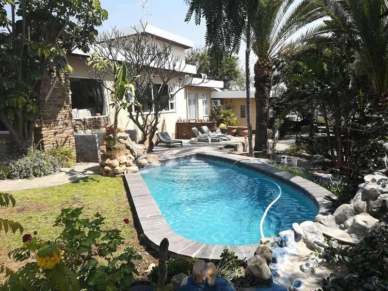 Namibia Windhoek Unterkunft Poolbereich mit gemütlichem Palmengarten