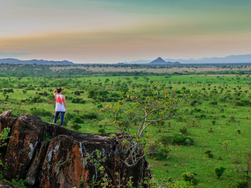 Uganda Kidepo Nationalpark reisende auf einem Felsen mit Aussicht auf die Landschaft