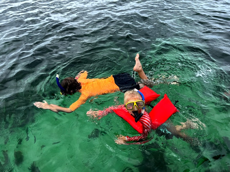 Kanaren schwimmen im Meer mit Kindern