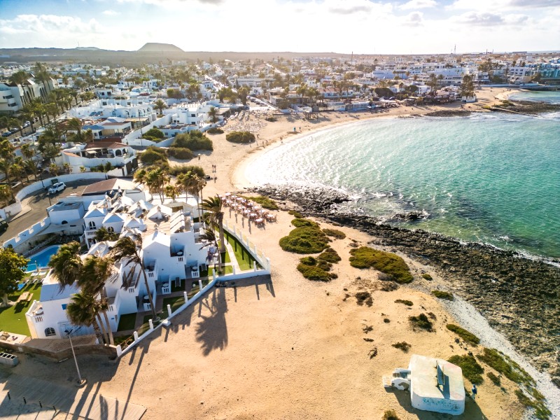 Kanaren Fuerteventura Corralejo Luft Ansicht vom Strand