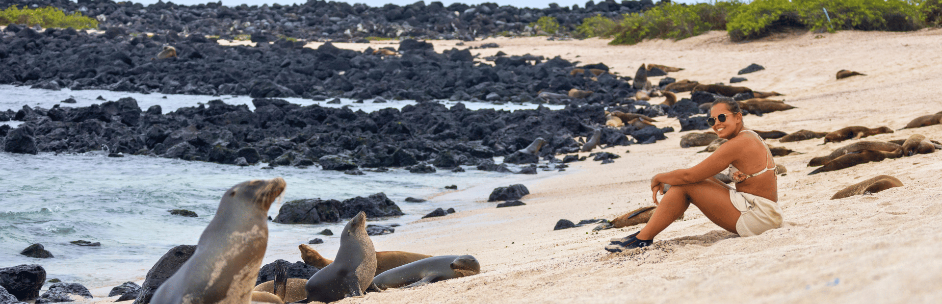 Frau und Seelöwen am Strand von San Cristobal