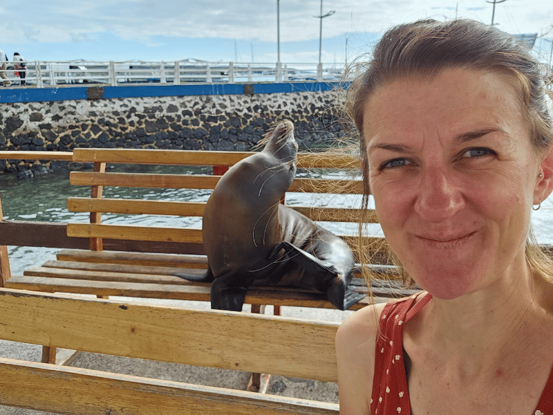 Frau und Seelöwe in Puerto Ayora, Santa Cruz